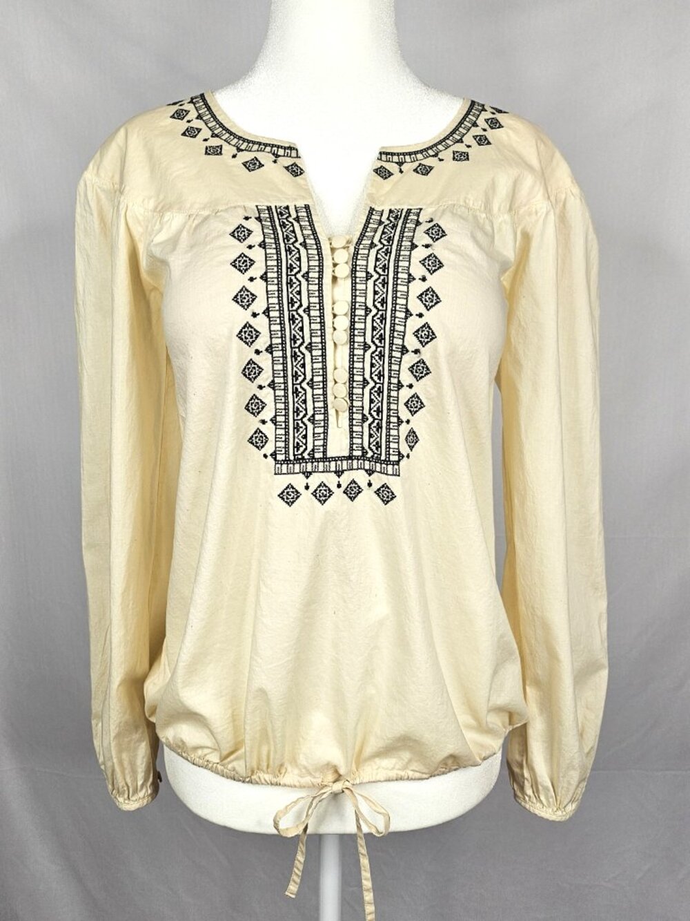 LOFT | Embroidered Cotton Peasant Blouse | Cream Black Boho | Size 0
